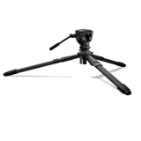 Tripod with fluid head and three black carbon legs, spread for low-angle setup