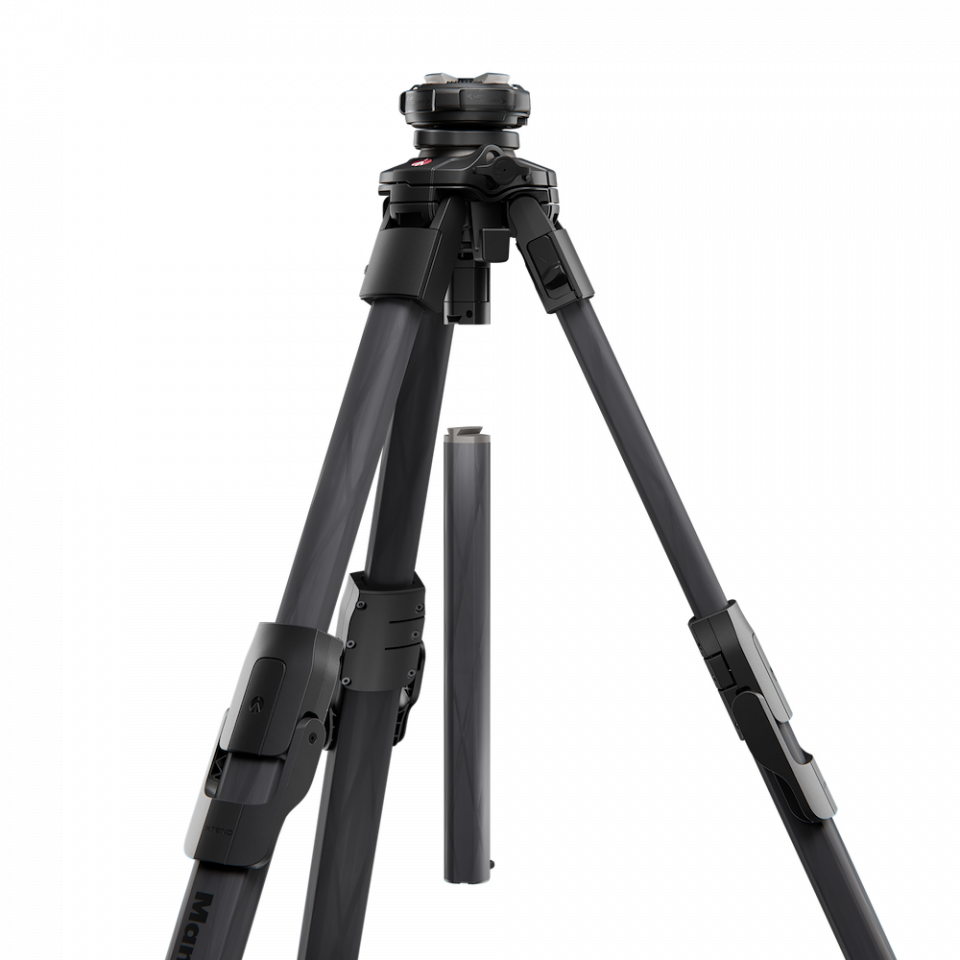 Tripod with angled legs, center column extended, pan-tilt head, black