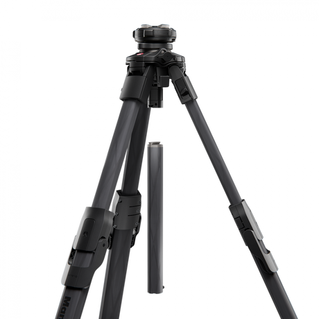 Tripod with angled legs, center column extended, pan-tilt head, black