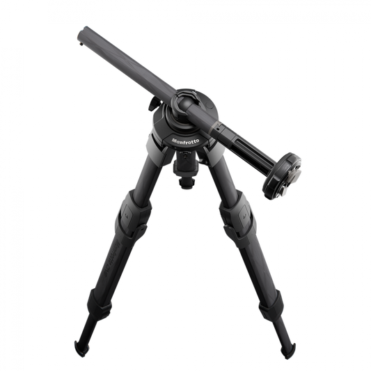 Hybrid carbon tripod with 3 black legs and geared center column, compact stand