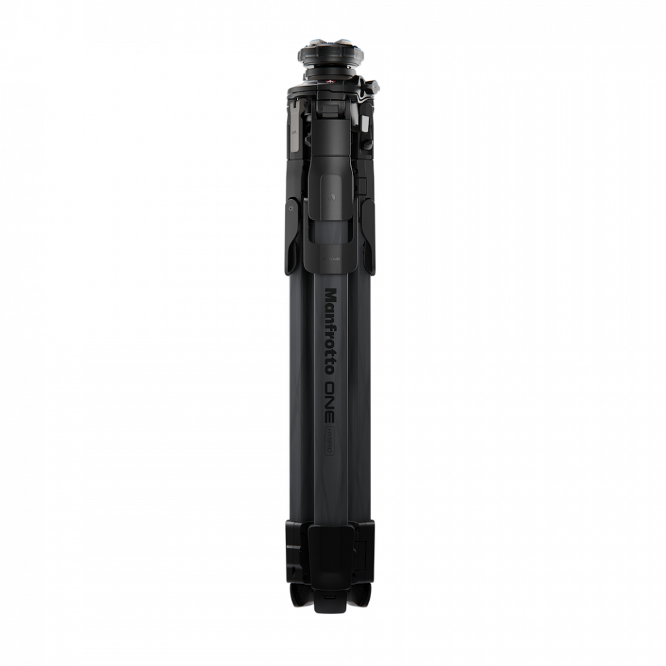 Black tripod stand with vertical center column and leveling feet