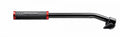 Video pan bar handle with textured black grip and red end caps, curved arm mount