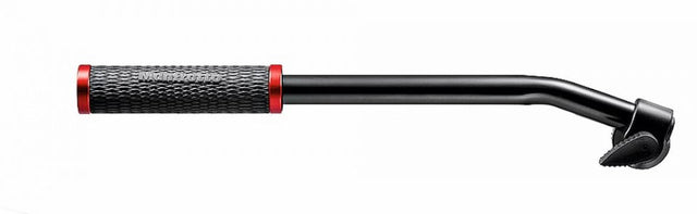 Video pan bar handle with textured black grip and red end caps, curved arm mount