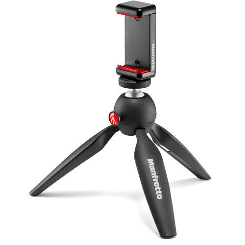 Black mini tripod with phone clamp, compact 3-leg stand and mounting head