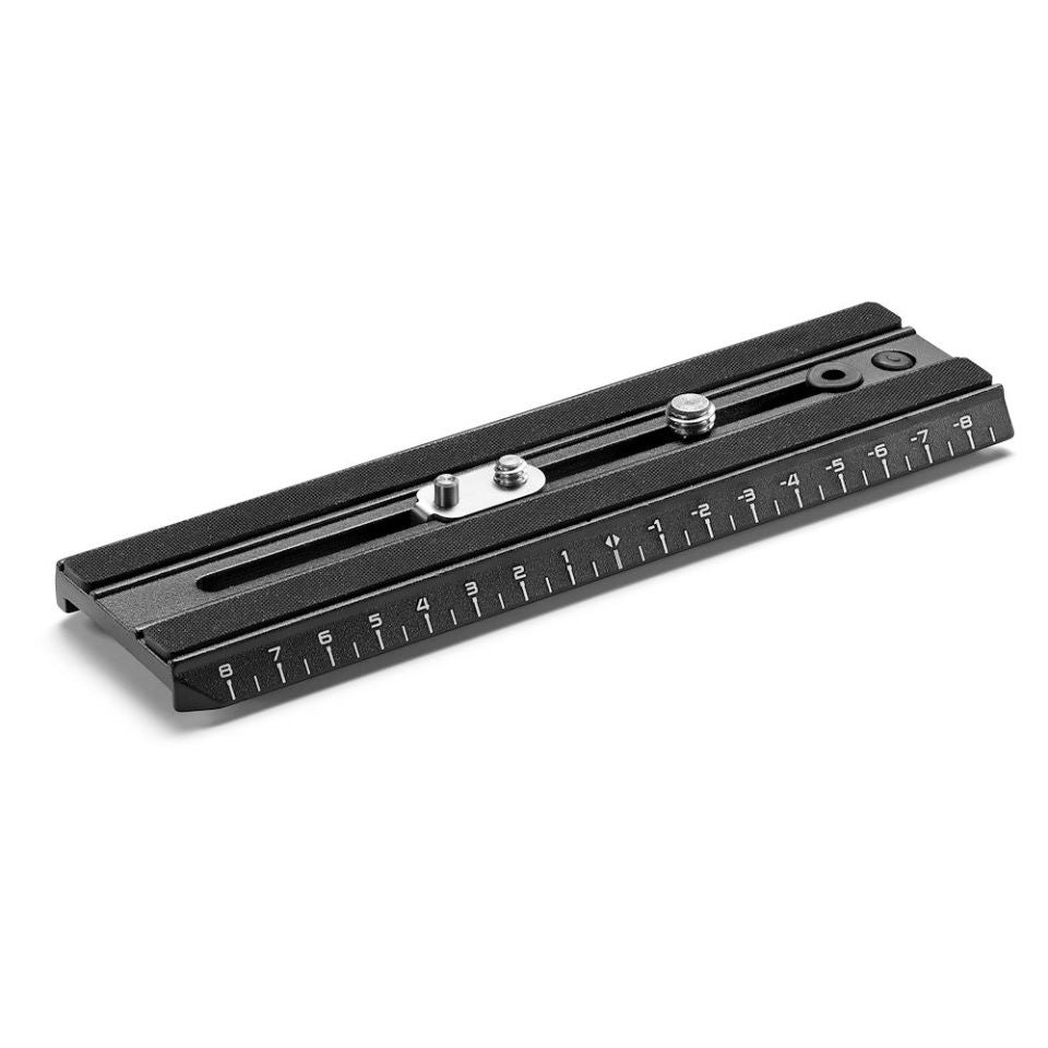 Long camera mounting plate with numbered scale and two adjustment knobs
