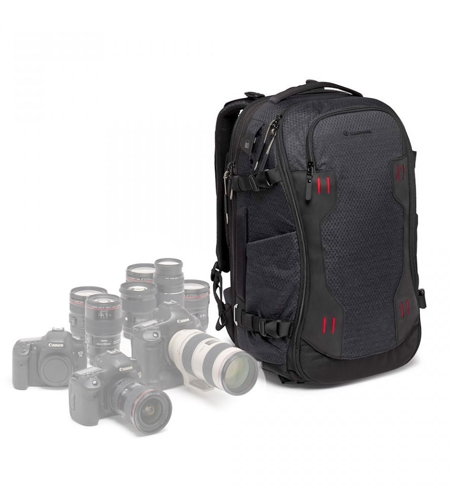 Rucsac foto Manfrotto Flexloader, negru, compartimente frontale cu fermoar.