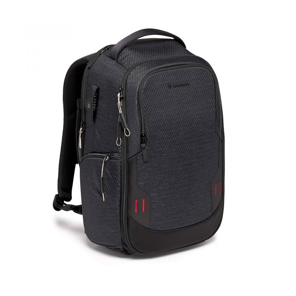 Rucsac foto Manfrotto cu față texturată, fermoare laterale și bretele ajustabile