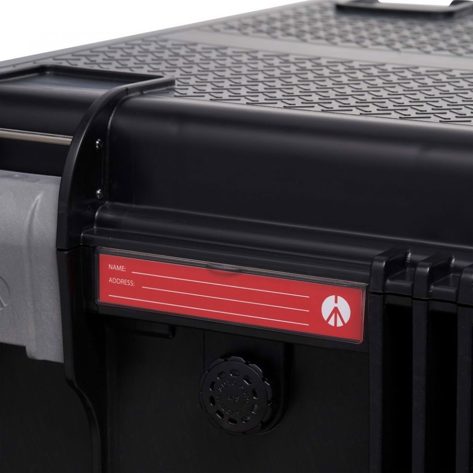 Tough TH-83 hard case close-up: red address label pocket on front panel