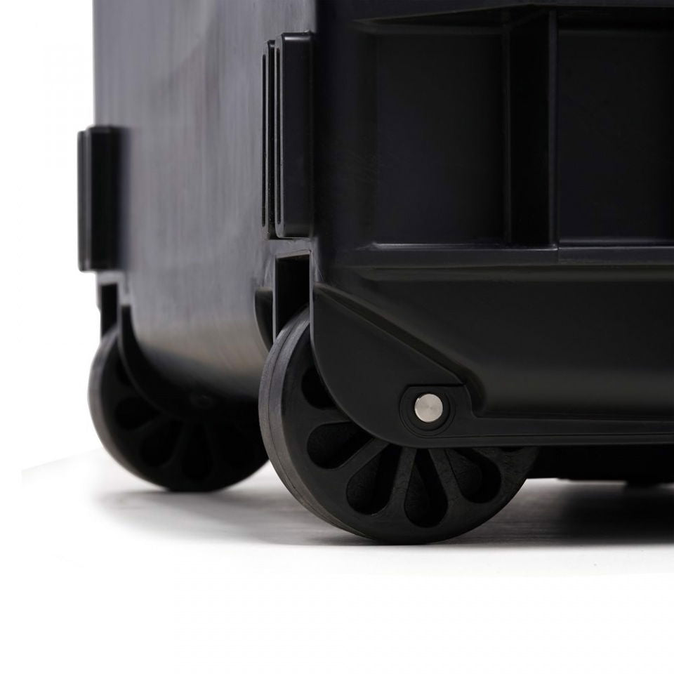 Tough TH-83 rolling case close-up: front wheel and rugged base corner
