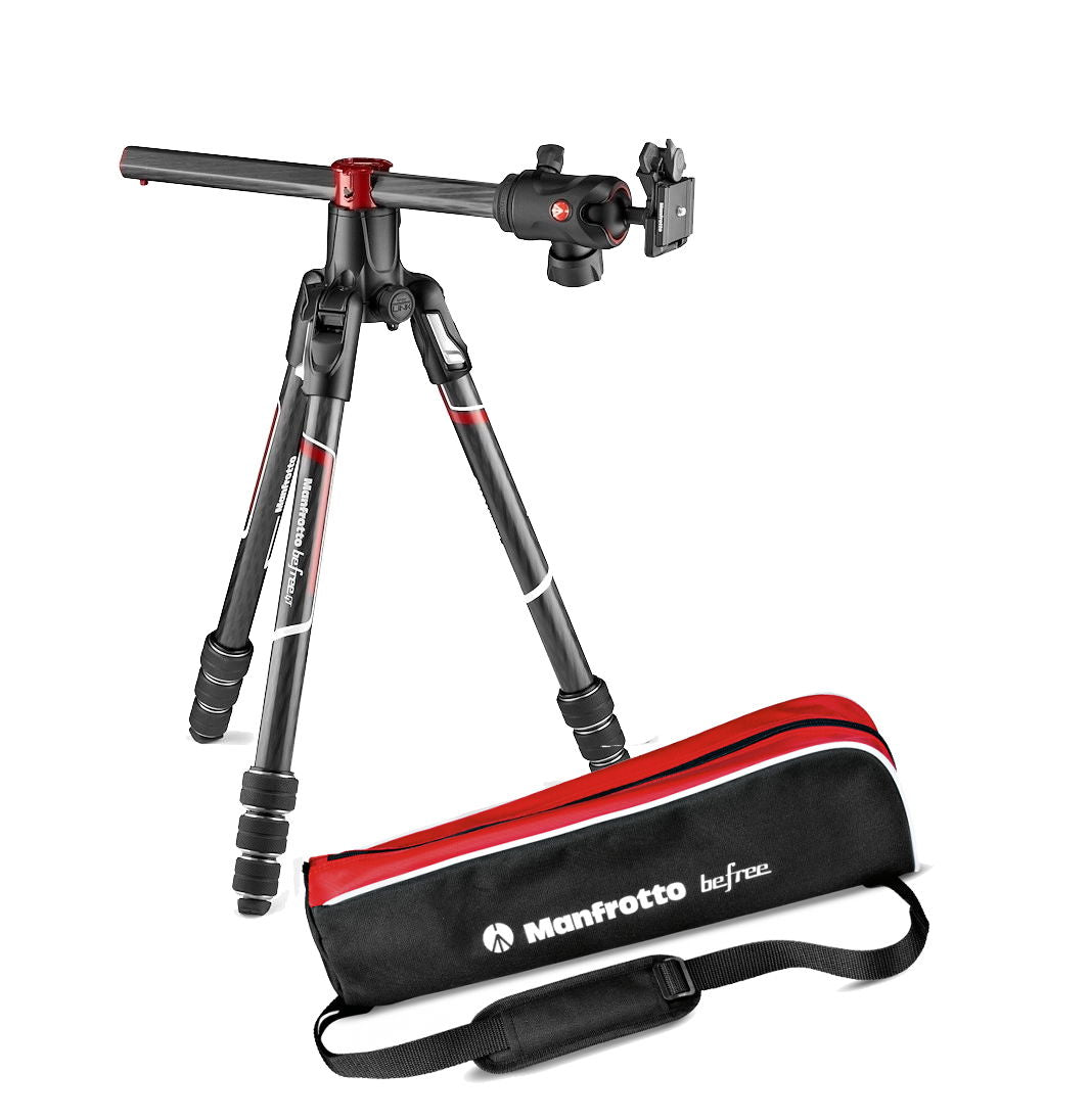 Trepied foto Manfrotto carbon, cu picioare pliante și cap de ajustare, plus husă roșie