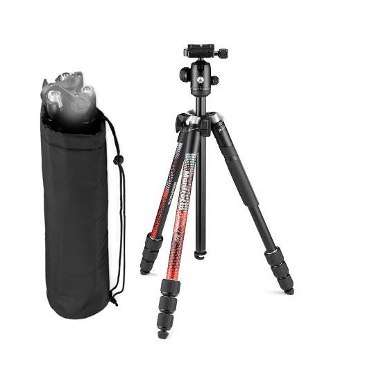 Photo tripod with ball head and red patterned center column, black legs