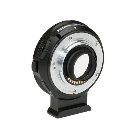Speed booster adapter, black body with silver ring and visible rear mount contacts