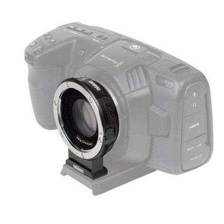 Speed booster adapter attached to camera body, showing front EF mount opening