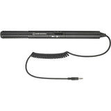 Black shotgun microphone with coiled cable and audio plug, side view