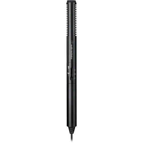 Shotgun microphone with black body and wired output plug at tip