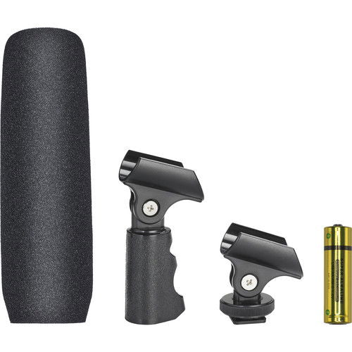Shotgun microphone with foam windscreen and adjustable shock mount, plus clamp