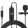 Black wired lavalier microphone with inline transmitter and 8 m cable, close-up