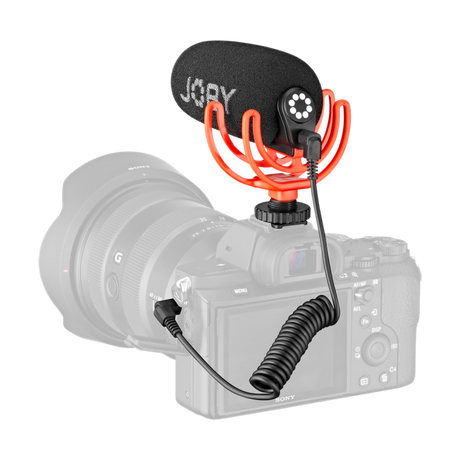 Micro Wavo mic with red suspension mounted on a white camera