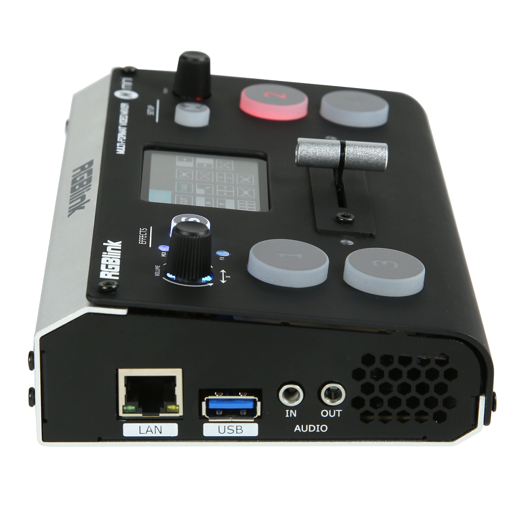 Mini video mixer rear ports: LAN, USB, and audio in/out with cooling vents