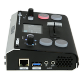Mini video mixer rear ports: LAN, USB, and audio in/out with cooling vents