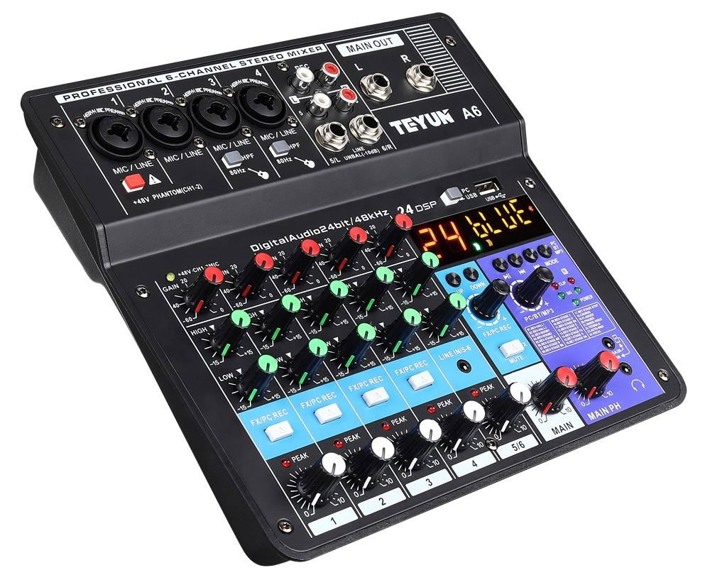 Mixer audio cu 6 canale și efecte integrate, panou negru cu butoane și cadrane