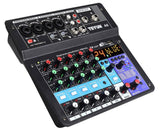 Mixer audio cu 6 canale și efecte integrate, panou negru cu butoane și cadrane