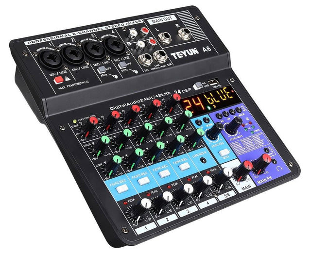 Mixer audio cu 6 canale și efecte integrate, panou negru cu butoane și cadrane
