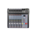 Mixer audio NWPro cu 8 canale, panou cu faderi și butoane, conexiuni