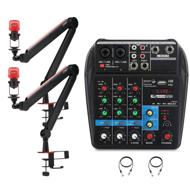 Kit podcast cu mixer 4 canale, două microfoane pe brațe și căști incluse