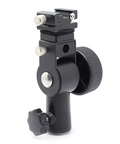 Black camera flash shoe mount with adjustable locking knob and screw