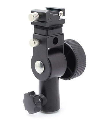 Black camera flash shoe mount with adjustable locking knob and screw