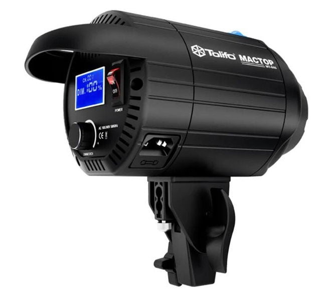 Black Tolifo LED video light with LCD display, side switches, and mounting bracket