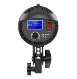 Back view of black LED video light showing LCD dimmer controls and power switch
