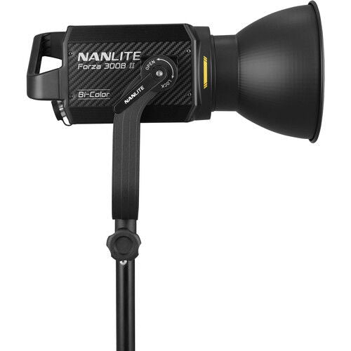 Bi-color LED monolight with textured housing, front reflector, and adjustable stand mount