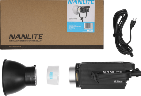 Set proiector LED Nanlite FS-300B bicolor: corp, cablu și cutie ambalaj