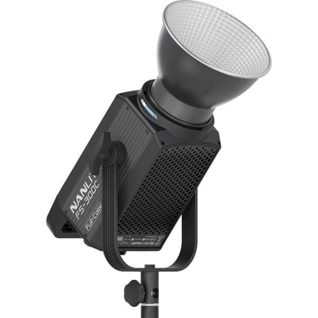 LED RGBW spot light with wide reflector head and black metal body on stand