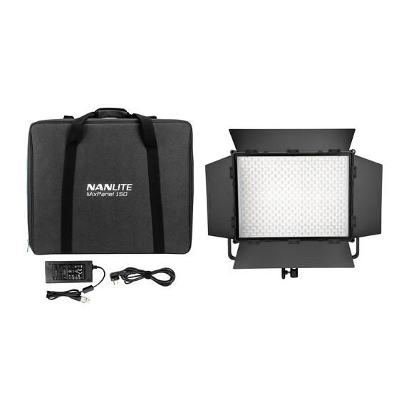 RGB bicolor LED panel with soft case, power cord, and accessory bag