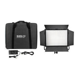 RGB bicolor LED panel with soft case, power cord, and accessory bag