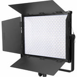 Front view of RGB bicolor LED light panel with barn doors and evenly lit LED matrix