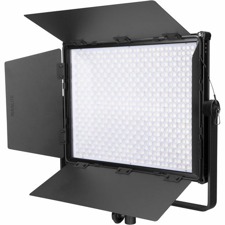 Front view of RGB bicolor LED light panel with barn doors and evenly lit LED matrix
