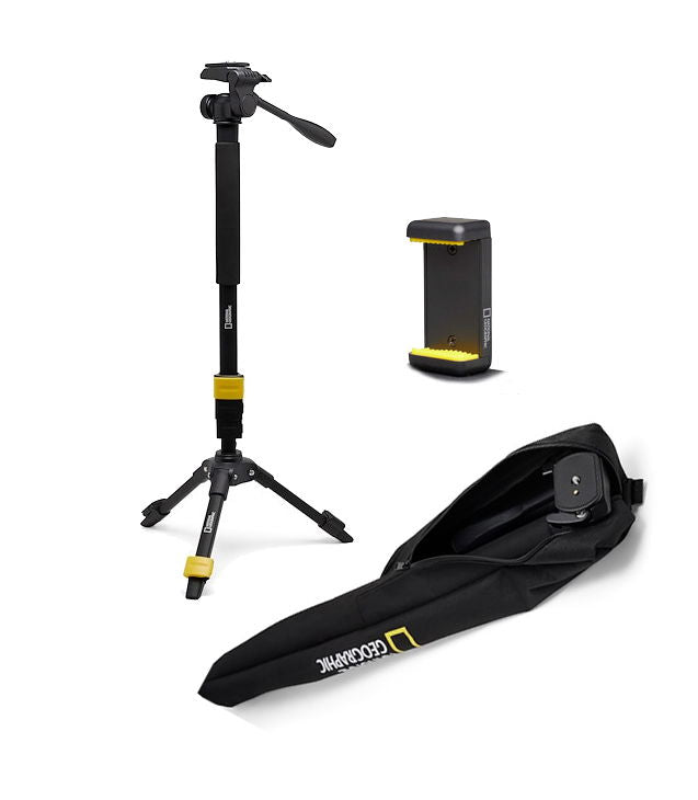 National Geographic monopied convertibil 3-în-1 cu bază și husă, negru cu detalii galbene