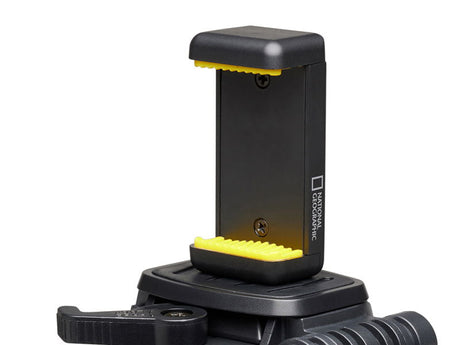 Cap trepied negru cu suport smartphone galben