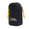 Husă accesorii National Geographic, neagră, cu șnururi galbene și logo.