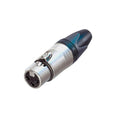 XLR 3-pin female connector, silver metal barrel with black strain relief