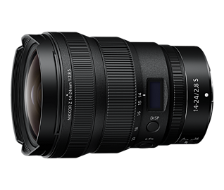 Z 14-24mm f/2.8 S lens angled view with zoom ring and LCD window