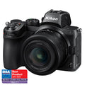Black Nikon mirrorless camera with 24-50mm lens, front view with controls and grip