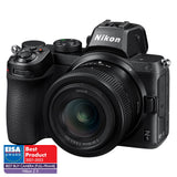 Black Nikon mirrorless camera with 24-50mm lens, front view with controls and grip