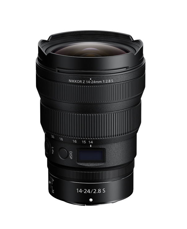 Z 14-24mm f/2.8 S camera lens with front glass and hood