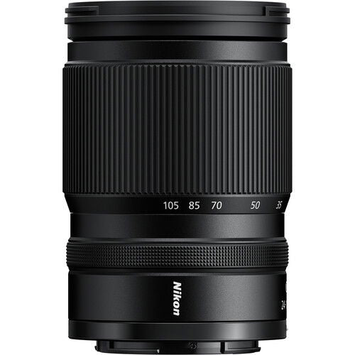 24-105mm f/4-7.1 lens angled view with textured focus grip and zoom scale