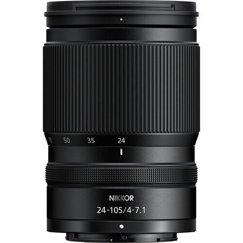 Black 24-105mm f/4-7.1 lens front view with ridged zoom and aperture ring